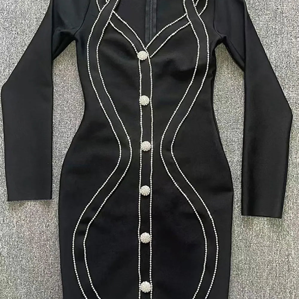 2025 Spring Elegant Women Diamond Set Bandage Dress V-neck Long Sleeve Bodycon Single breasted Mini Dress Evening Party Vestidos black