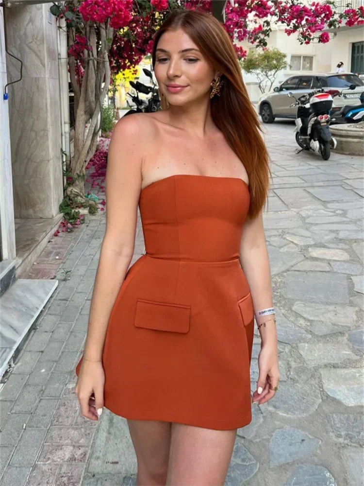 Tossy Fashion Patchwork Bandeau Mini Dress For Women Sleeveless High Waist Slim Elegant Backless Dress Casual Solid Dress 2024 Orange