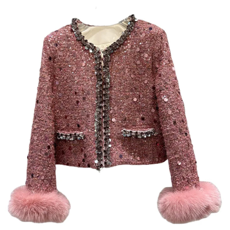 Winter New Fashion Fox Fur Sleeve Sequin Tweed Cotton Short Coat For Women Covered Button Jacket Female 11A07857