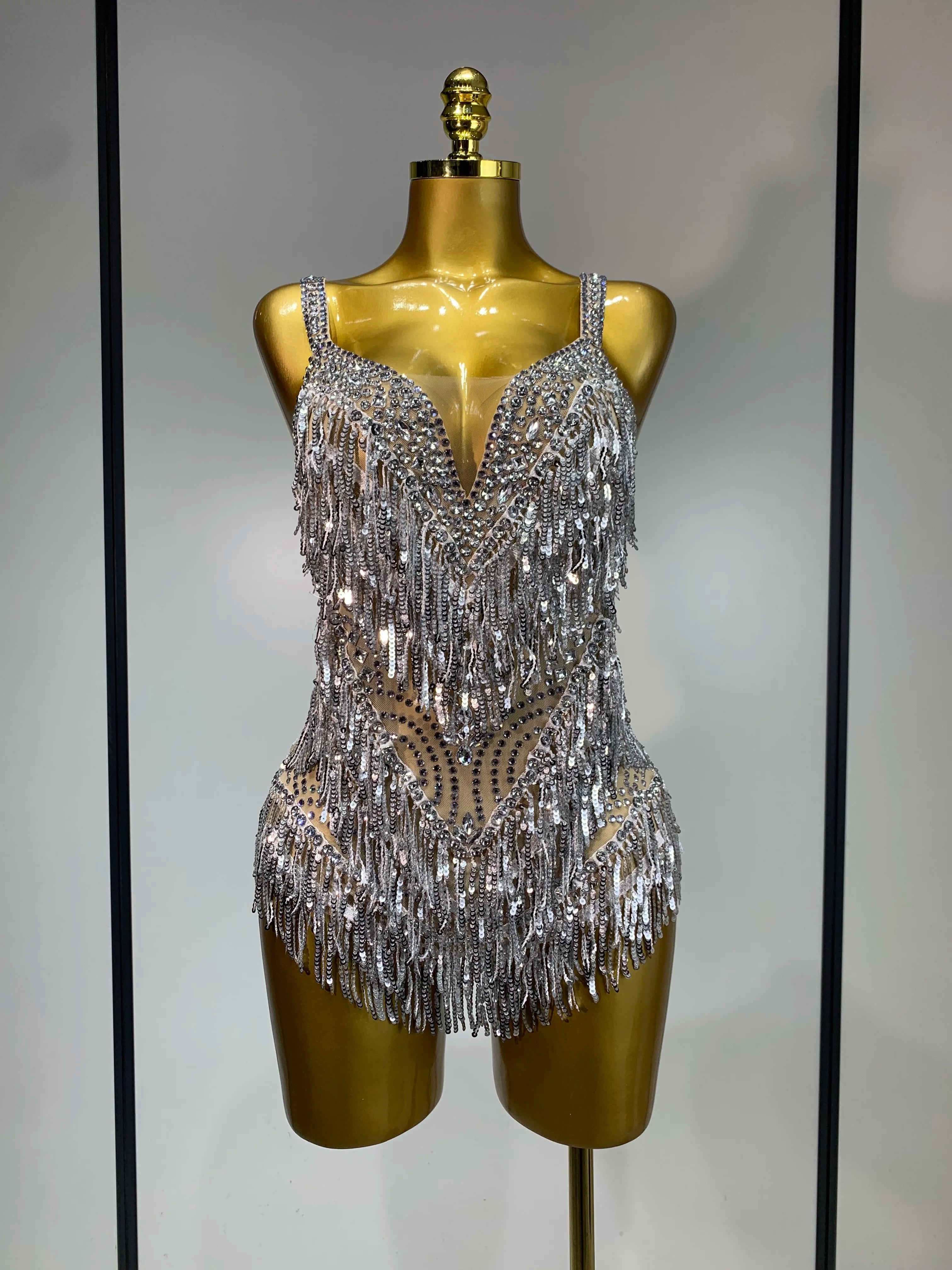Sparkly Rhinestone Tassel Sexy Backless Mesh Bodysuit Women Luxury Birthday Party Nightclub Bar Dencer Stage performance Costume Silver