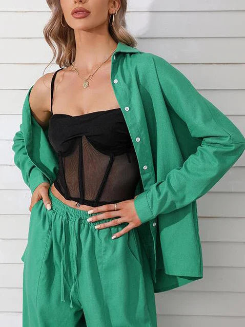 Women's Summer Suit with Pants Summer Loose Wide Leg Trousers Elegant Two Piece Suit Set for Women Buttons T-shirts Outifit