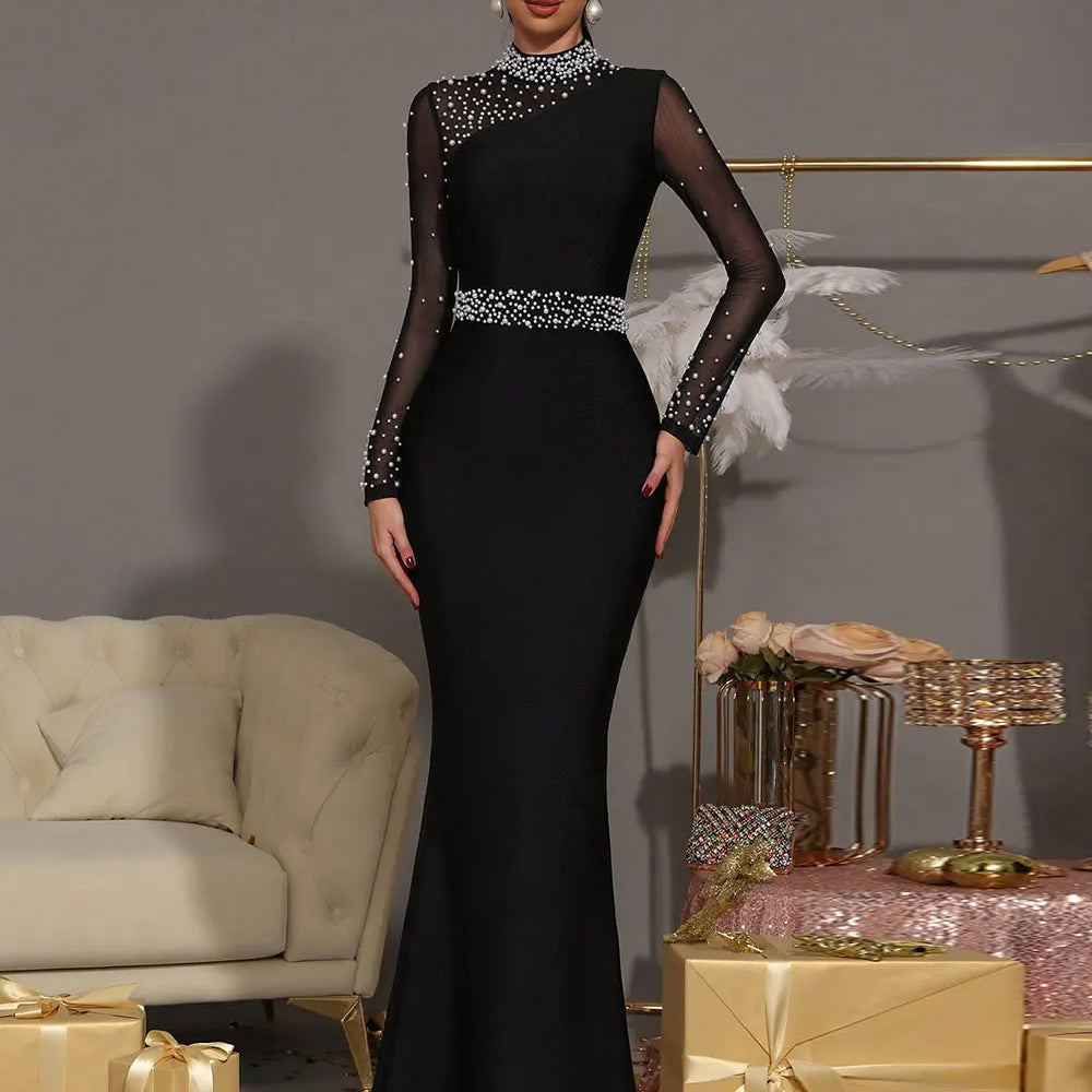 2025 Sexy Women Light Luxury Nail Bead Patchwork Bandage Dress Stand Collar Long Sleeved Bodycon Black Long Dress Party Vestidos