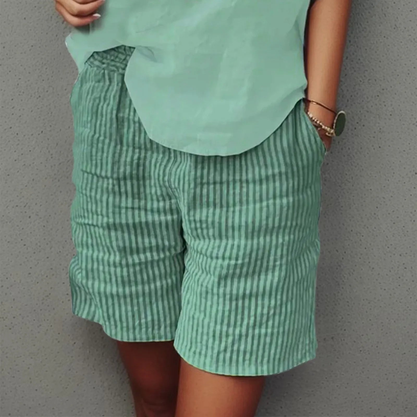Vintage Striped Shorts Women Classic Cotton Linen Trunks Double Pocket Shorts Summer Hawaiian Beach Vacation Shorts Casual Wear Green