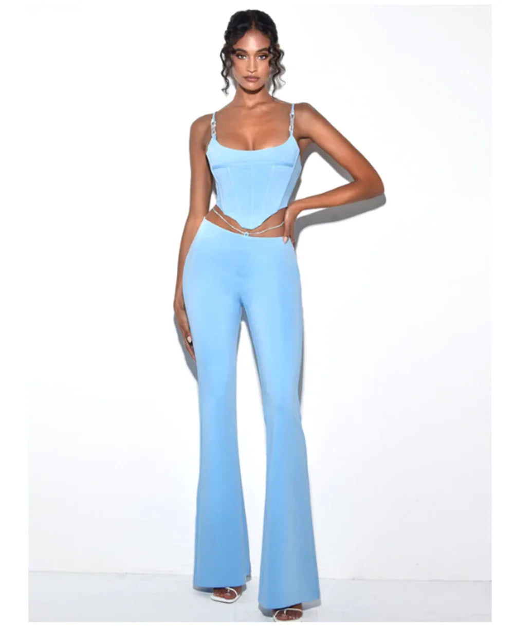 High quality Blue Black Chain Sexy Two Pieces Set Bodycon Rayon Bandage Set Evening Party Sexy Fashion Outfit SKY BLUE