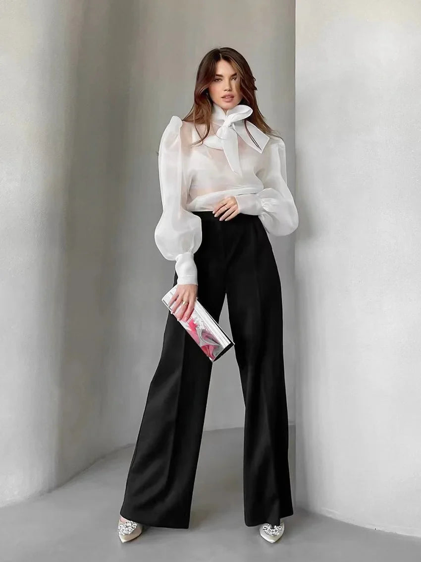 New Mesh Shirts Women Elegant Puff Sleeve Bow Lace Up Blouses Office Ladies Fashion Solid Color Casual Loose Sexy Blouse