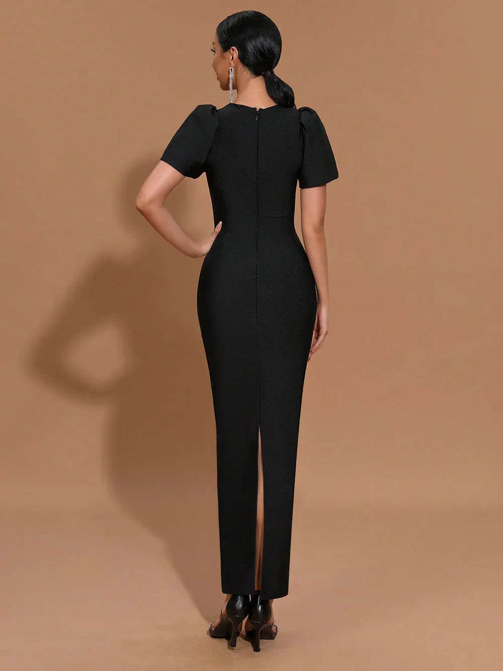 2025 Sexy Women Three-Dimensional Heart-Shaped Design Hollow Bandage Dress O-Neck Short Sleeved Bodycon Black Long Dress Vestido