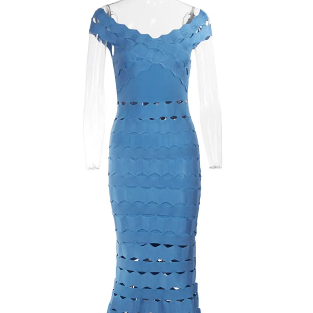 2025 Spring Sexy Women Hollow Cut Design Bandage Dress with One Collar Shoulders Bodycon Backless Midi Dress Club Party Vestidos Blue