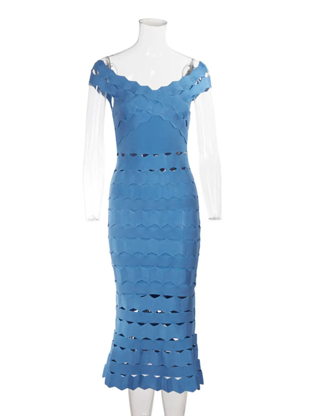 2025 Spring Sexy Women Hollow Cut Design Bandage Dress with One Collar Shoulders Bodycon Backless Midi Dress Club Party Vestidos Blue