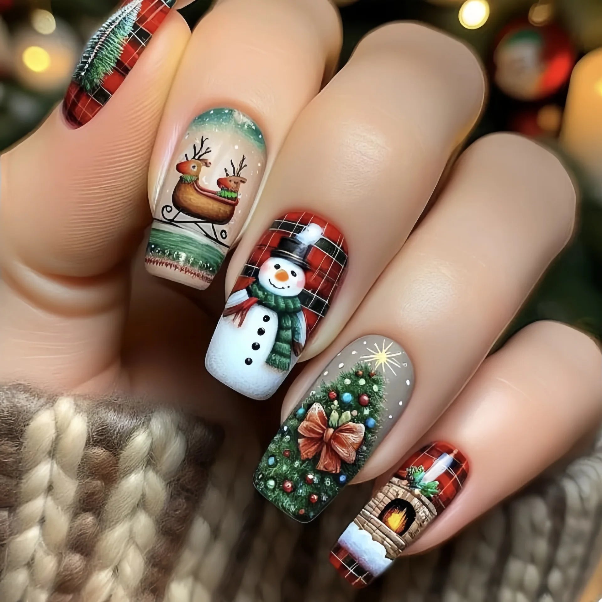 24pcs/set short fake nails for Christmas Square ballet winter false nail tips snow flakes christmas tree snowman press on nails 1605