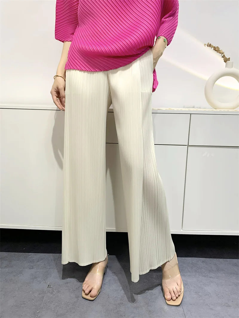 Summer Pants Women Hitching Piece Comfortable Casual New Loose Straight Pants Wide Leg High Waist Thin Pleated Pants Creamy-white One Size
