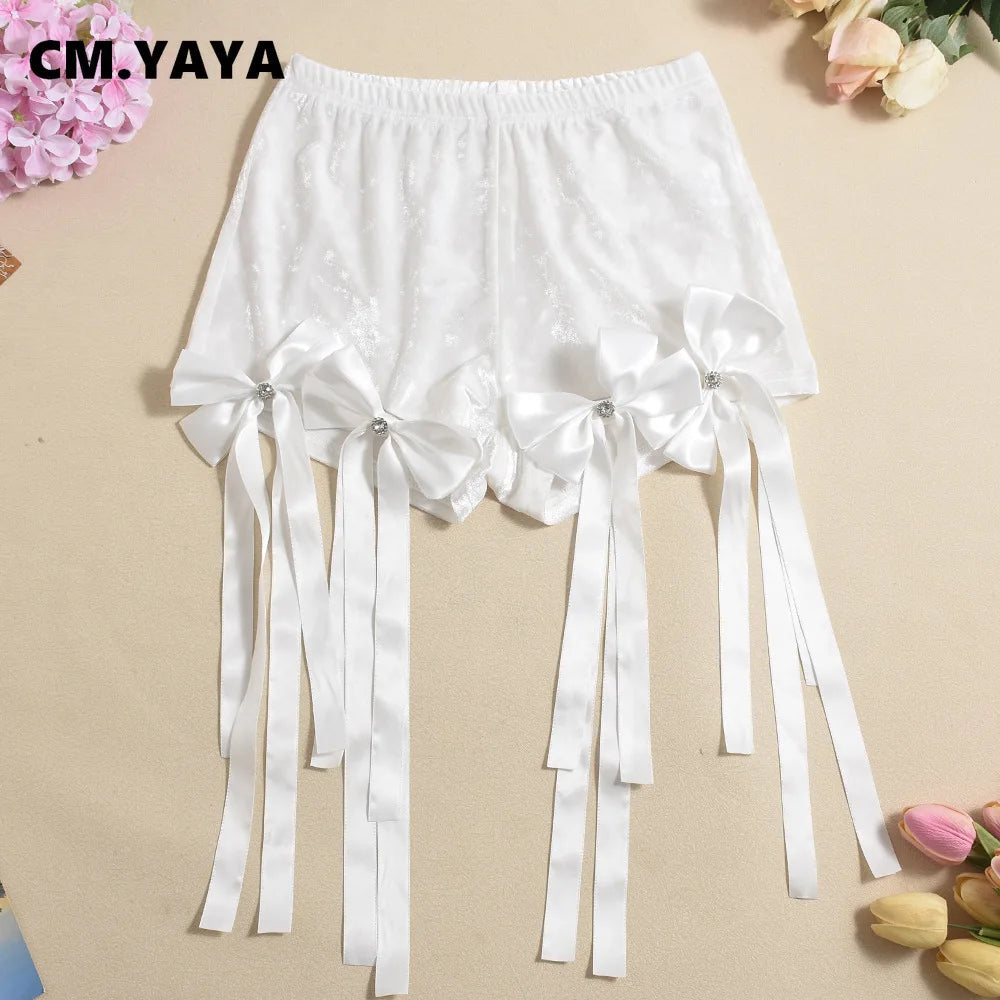 Women's Set Bow O-Neck Mesh Long Sleeve Tops + Velvet Shorts Suits Streetwear Sexy Two 2 Piece Outfits Tracksuits Summer