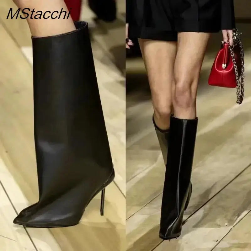 2025 Runway Women's Knee High Boots Fashion Walk Show Style Slim Heel Women Shoes Red High Heels British Style Botas De Mujer