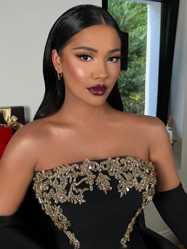 Glamorous Black Strapless Mermaid Dress with Crystal Embellishments for Gala Events Evening Gown