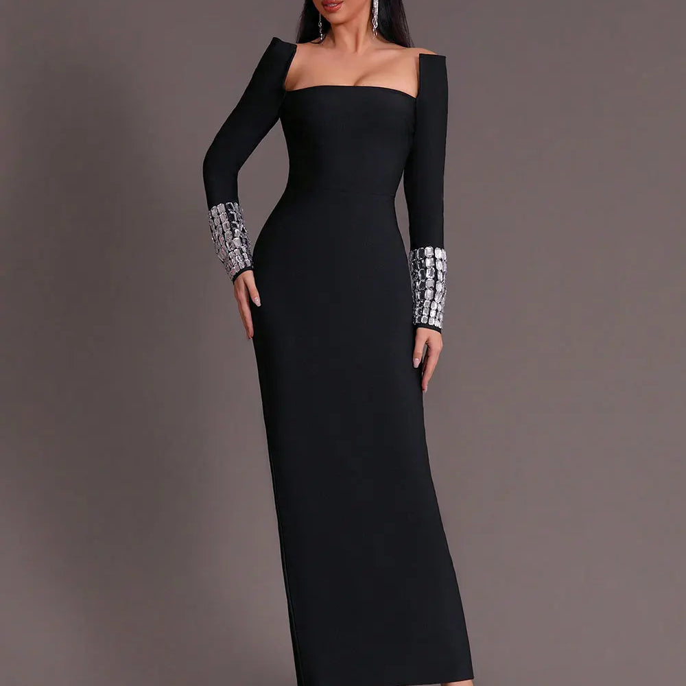 2025 New Women'S Elegant Bandage Dresses Square Neck Long Sleeved Nail Bead Design Bodycon Long Dress Evening Party Vestidos black