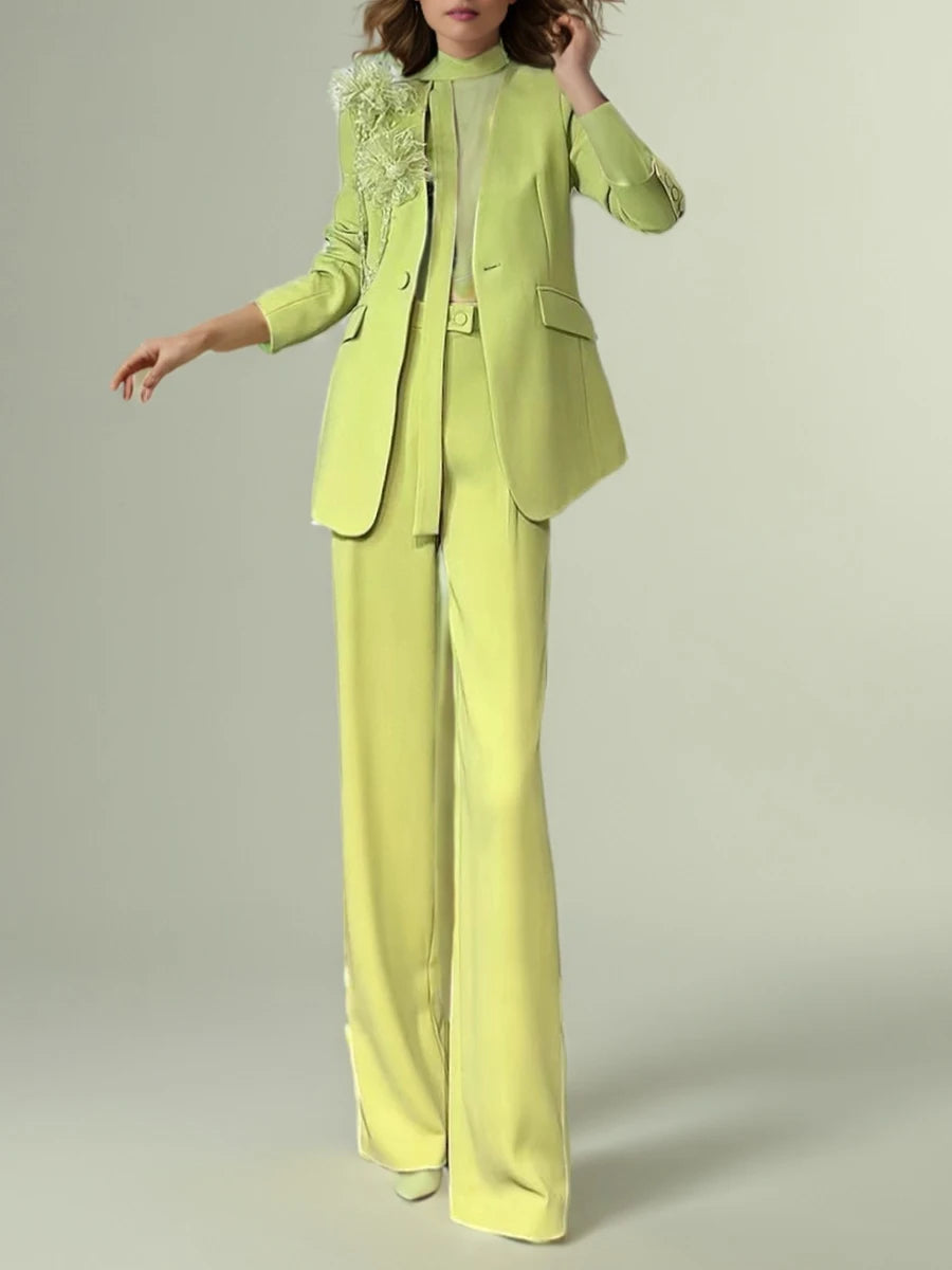 Solid Elegant Two Piece Sets for Women V Neck Long Sleeves Patchwork 3D Flower Top High Waist Pant Set Female New