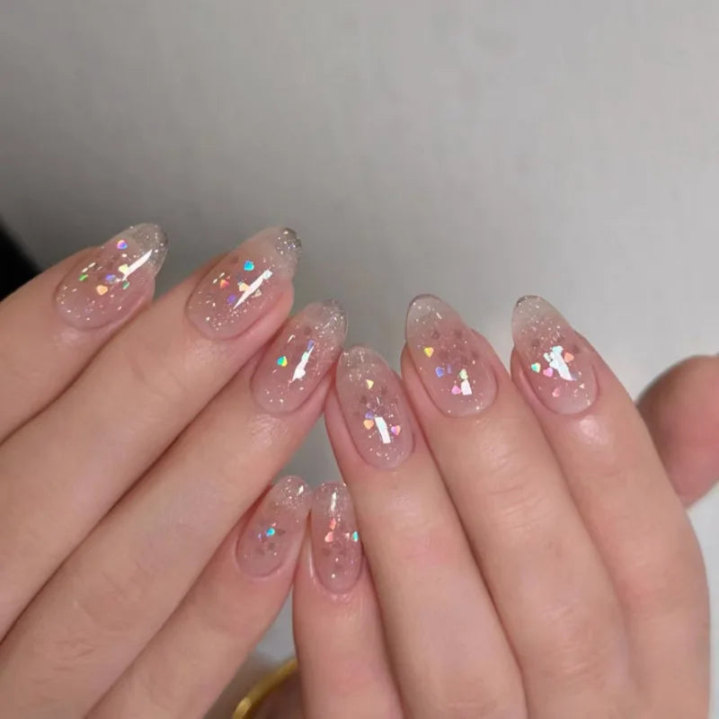 24pcs Nude Pink Cat Eye Press on Nails Shiny French Almond False Nail Tips Wearable Reusable Sweet Flower Decor Fake Nails 3