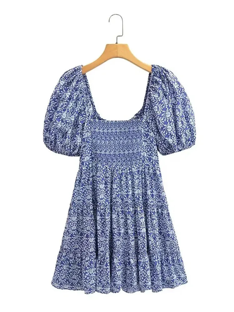 Sexy Square Neck Print Mini Dress Women Fashion Short Sleeve Slim Dresses Summer Casual Female Beach Party Vacation Vestido blue
