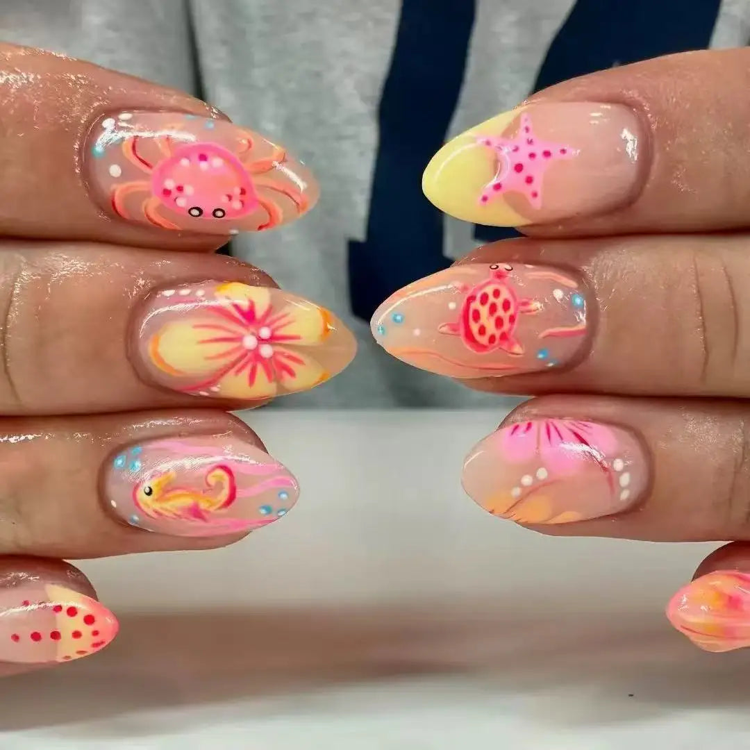 24pcs Summer Ocean False Nails Shark Starfish Pattern Fake Nails Tips Wearable Detachable Spice Girl Almond Press on Nails 2