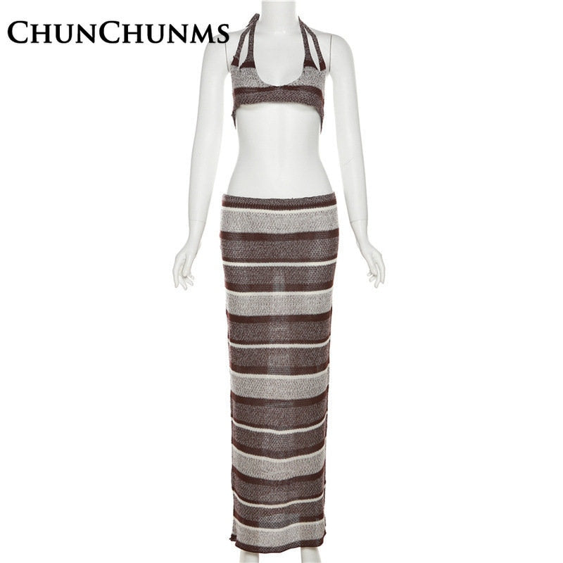 Sexy Low Cut Backless Bra Lace Up Top High Waist Long Skirt Suit 2 Piece Set Women Outfit Vintage Striped Vacation Beach 2024