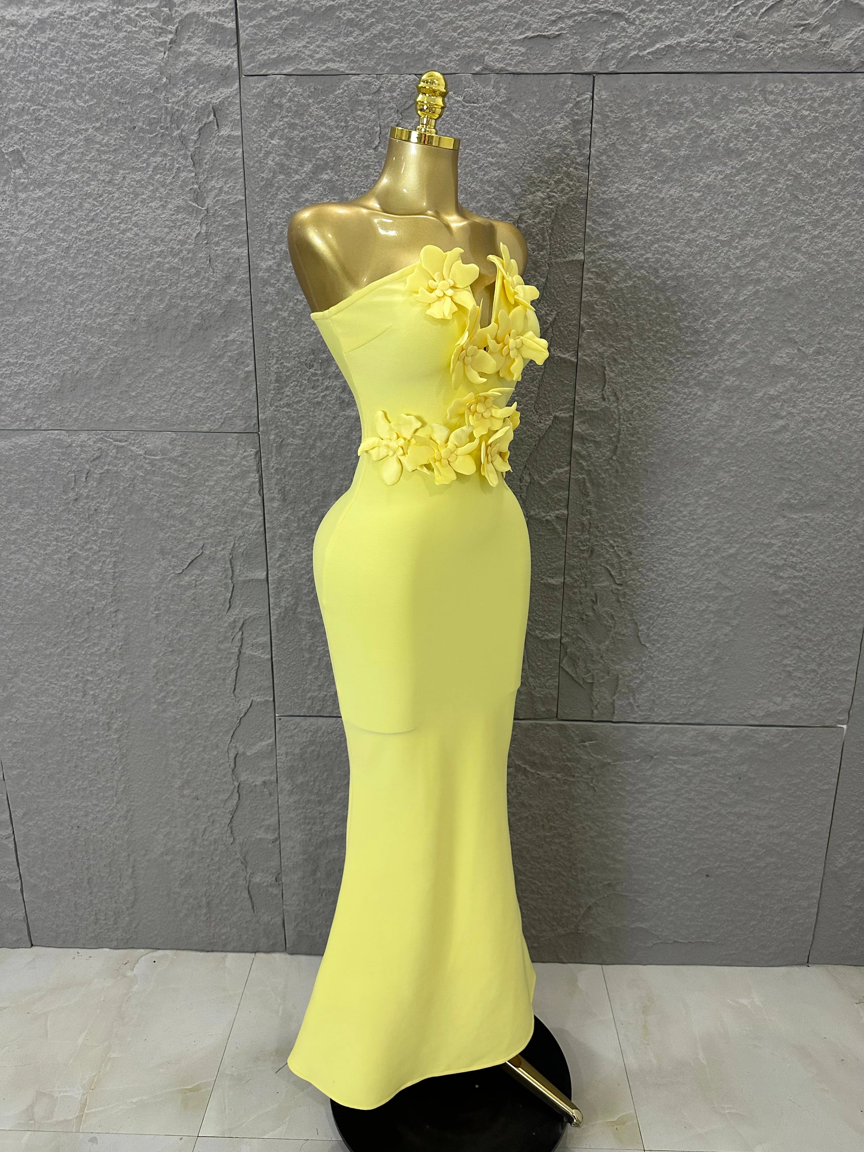 Elegant Yellow Strapless Sweetheart Neck Mermaid Dress 3D Flower Fitted Flare Hem Evening Birthday Gala Banquet Party Outfit