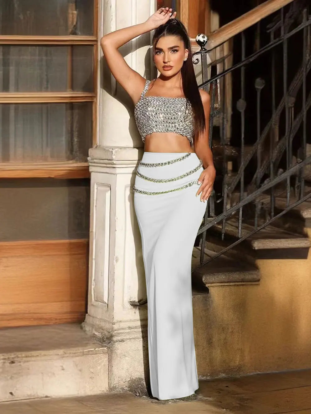 2025 Sexy Women Light Luxury Nail Bead Long Skirt Set Spaghetti Strap Sleeveless Ultra Short Vest+High Waist Skirt Two-Piece Set WHITE