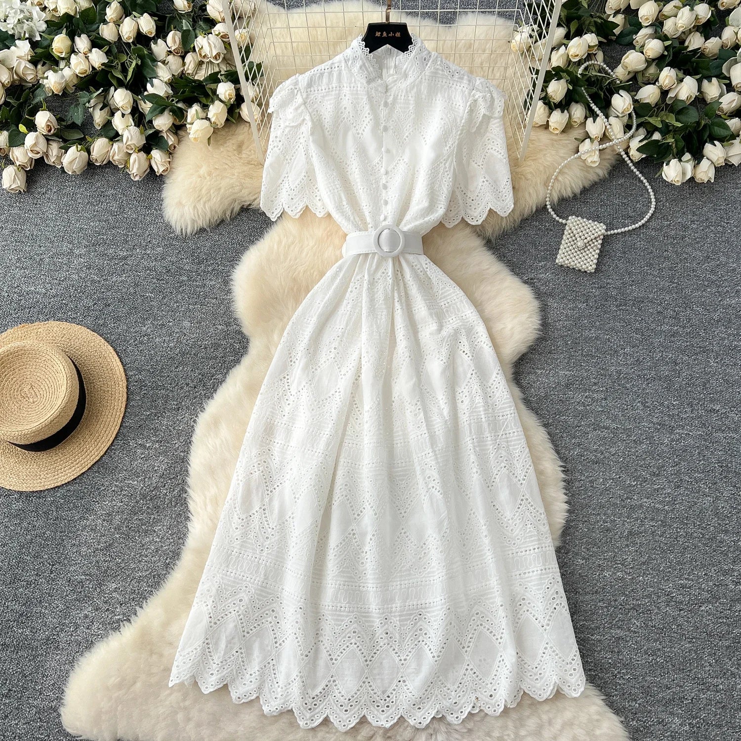 French Vintage O-neck sashes Hook flower hollow Short Sleeves Single Breasted Dress A-line Casual Women Fashion women clothing WHITE