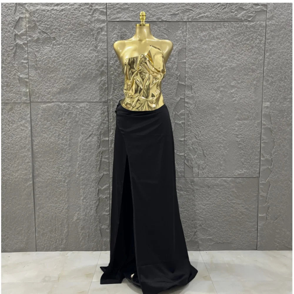 Hot Sale Discount Women Sexy Golden Tops Floor-length Skirt 2 Pieces Straight Dress Elegant Evening Party Celebrate Outfit