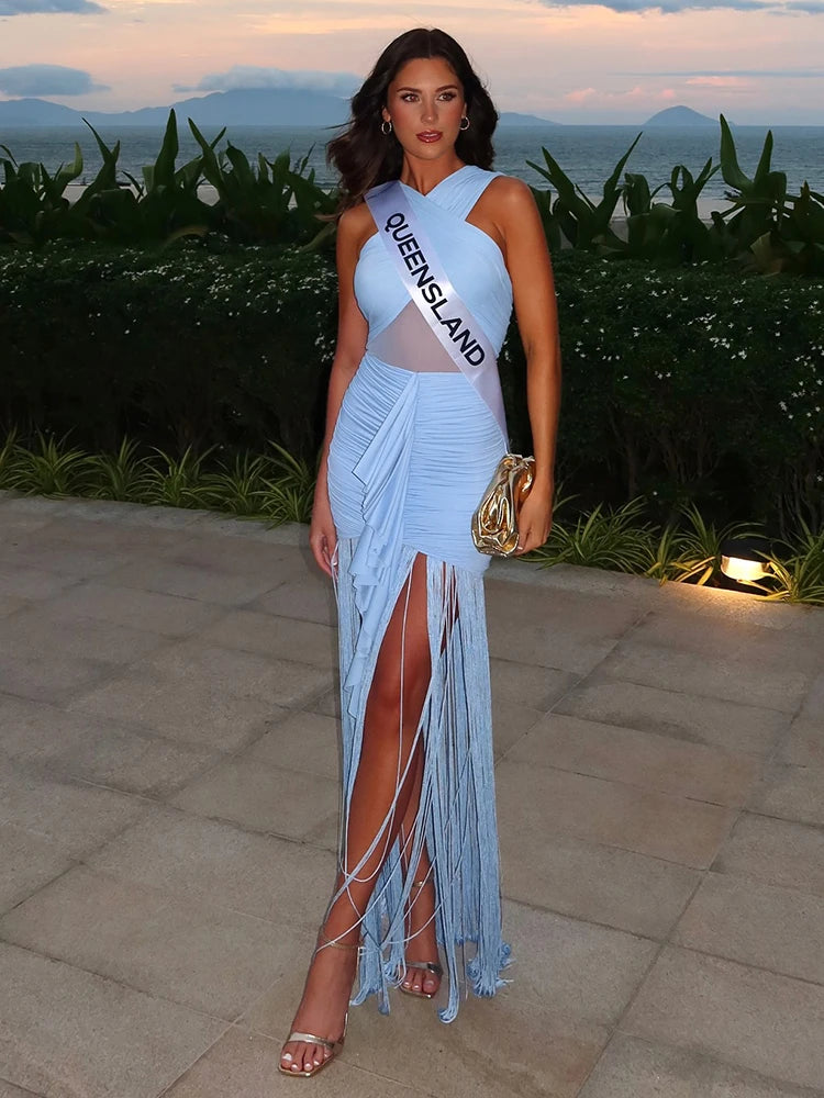 Sleek Light Blue Sleeveless Dress with Fringe Ruched Waist And Mesh Detail Soft Summer Vacation Gown for Women