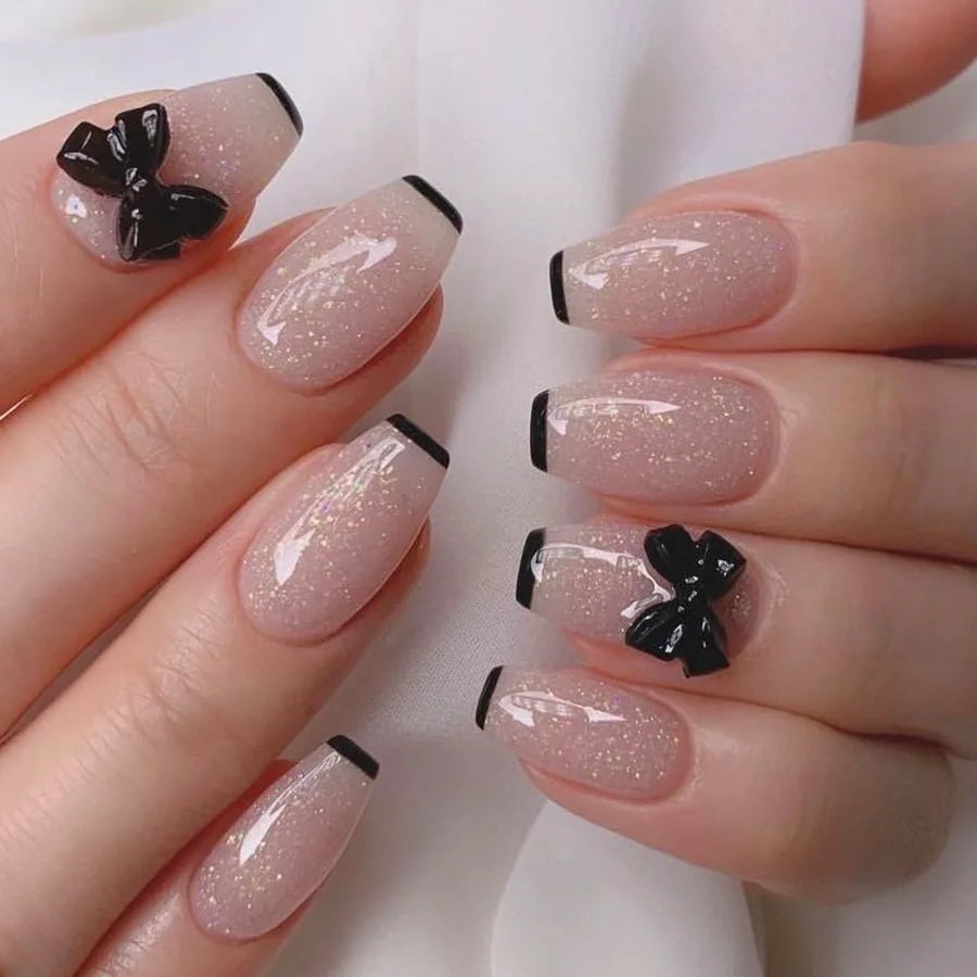 24Pcs Fashion White French Fake Nails with Pink Bow Design Short Square Head False Nails Wearable Simple Press on Nail Tips 489