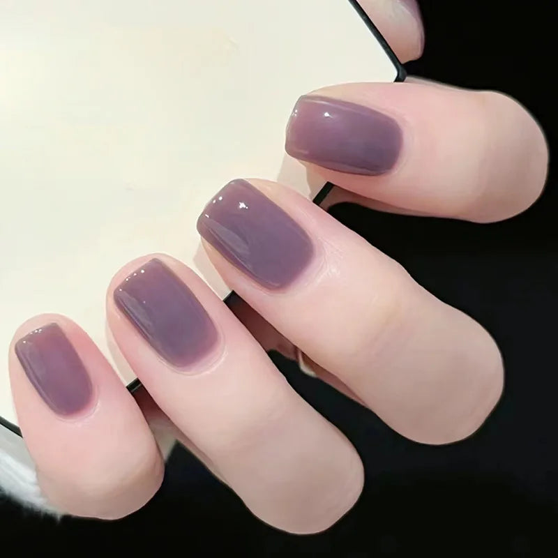 24Pcs Glossy Short Square Head Press on False Nails with Glue Acrylic Colorful Fake Nail Reusable Full Cover Manicure Nail Tips 06