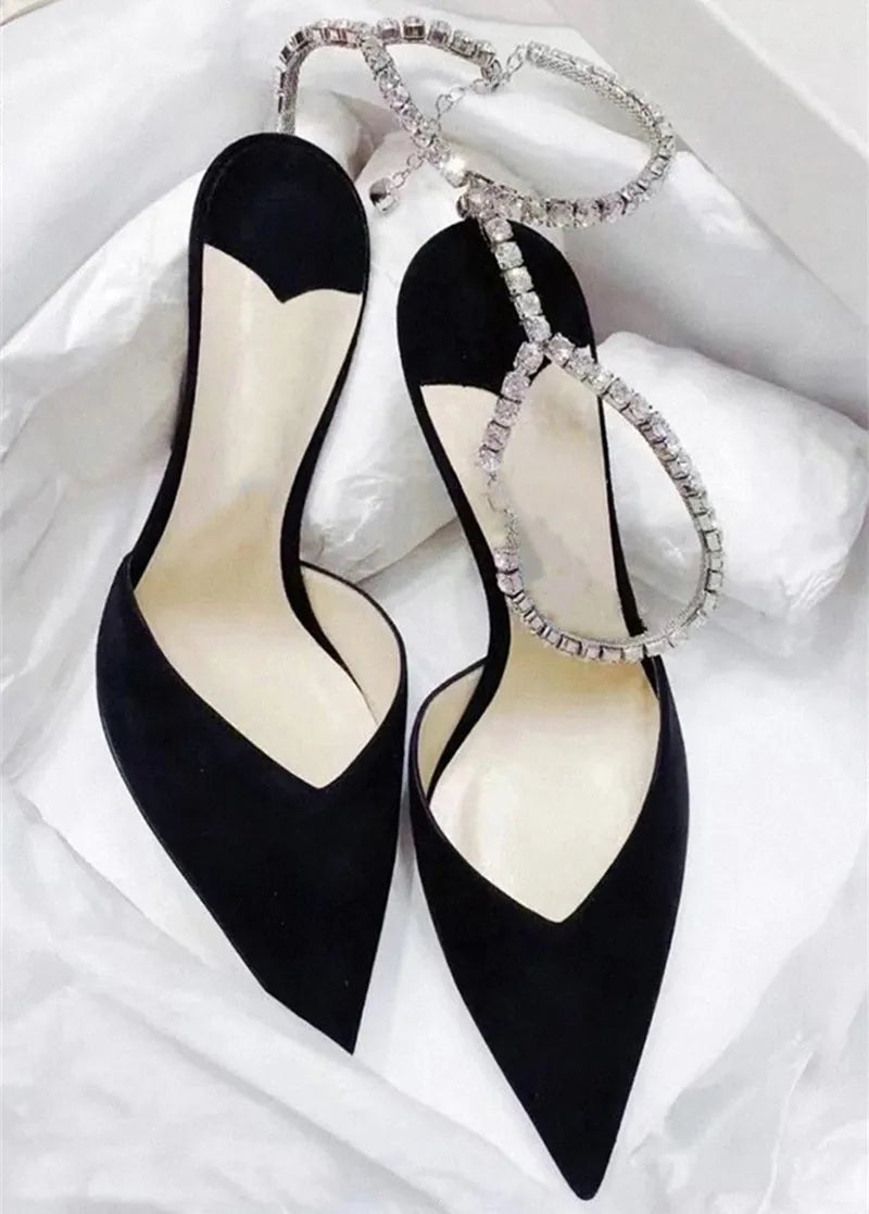 Luxury Rhinestones Chains Women Pumps Designer Sandals High Heels Summer Ankle Strap Party Shoes Star Style Wedding Prom Shoes Black