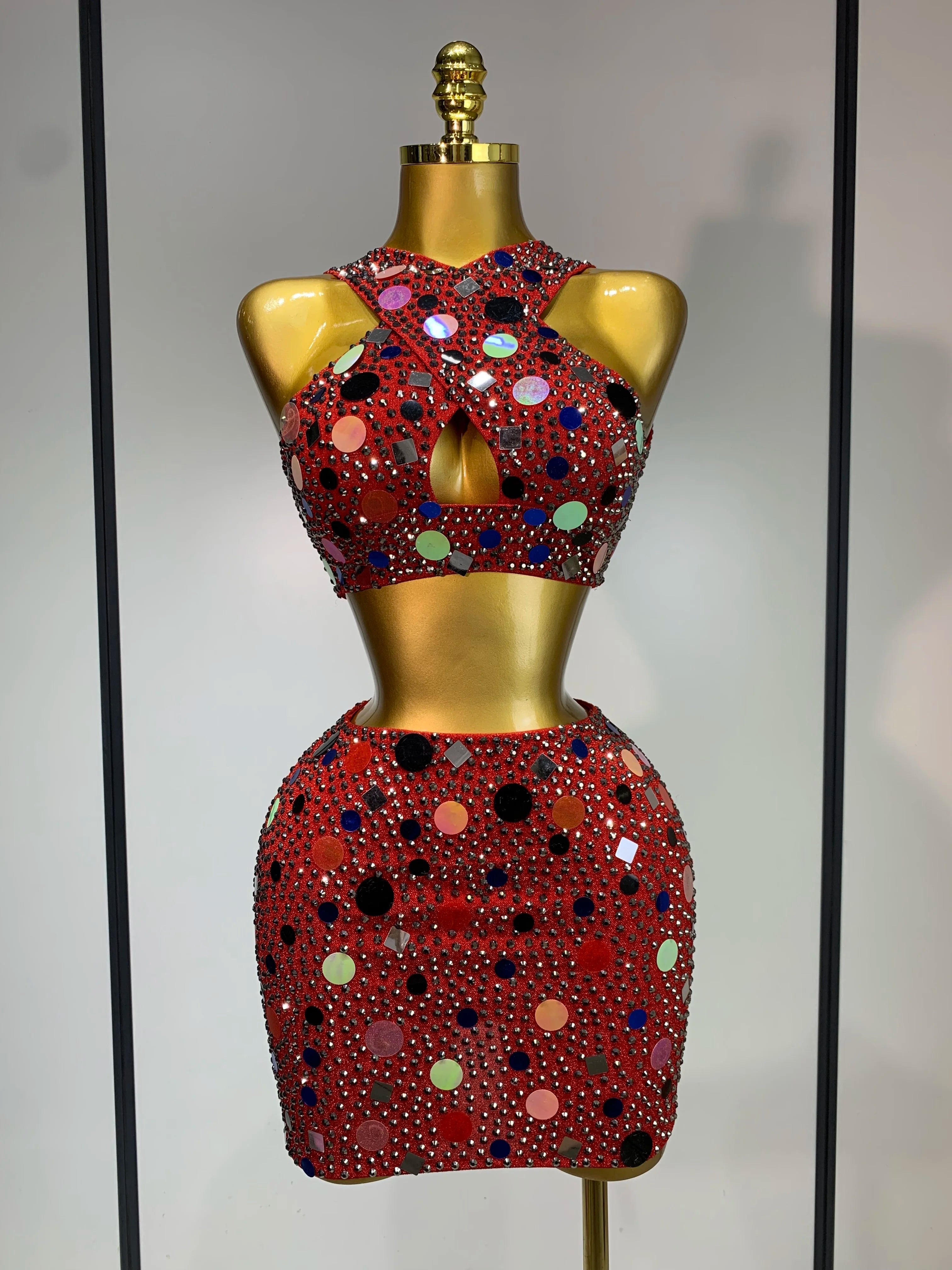 Luxury Rhinestone Sequin Sexy Two Piece Set 2025 New Fashion Nightclub Sparkly Perform Stage Costume Birthday Dress Red