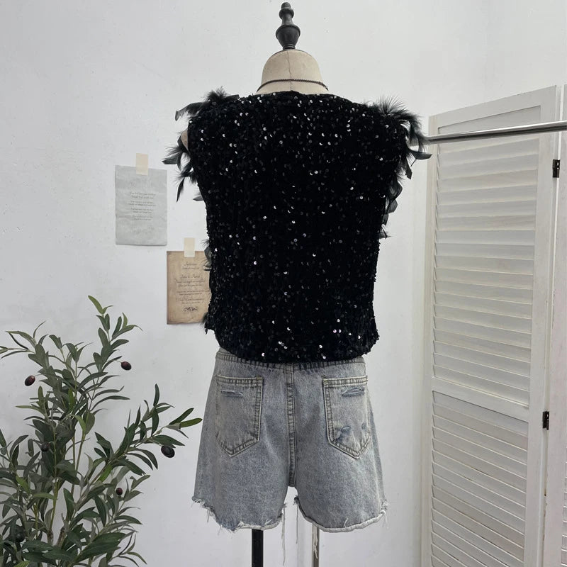 Autumn Winter New Fashion Design Heavy Industry Feather Shiny Sequin Patchwork Velvet Vest Women's Short Top 11A07916