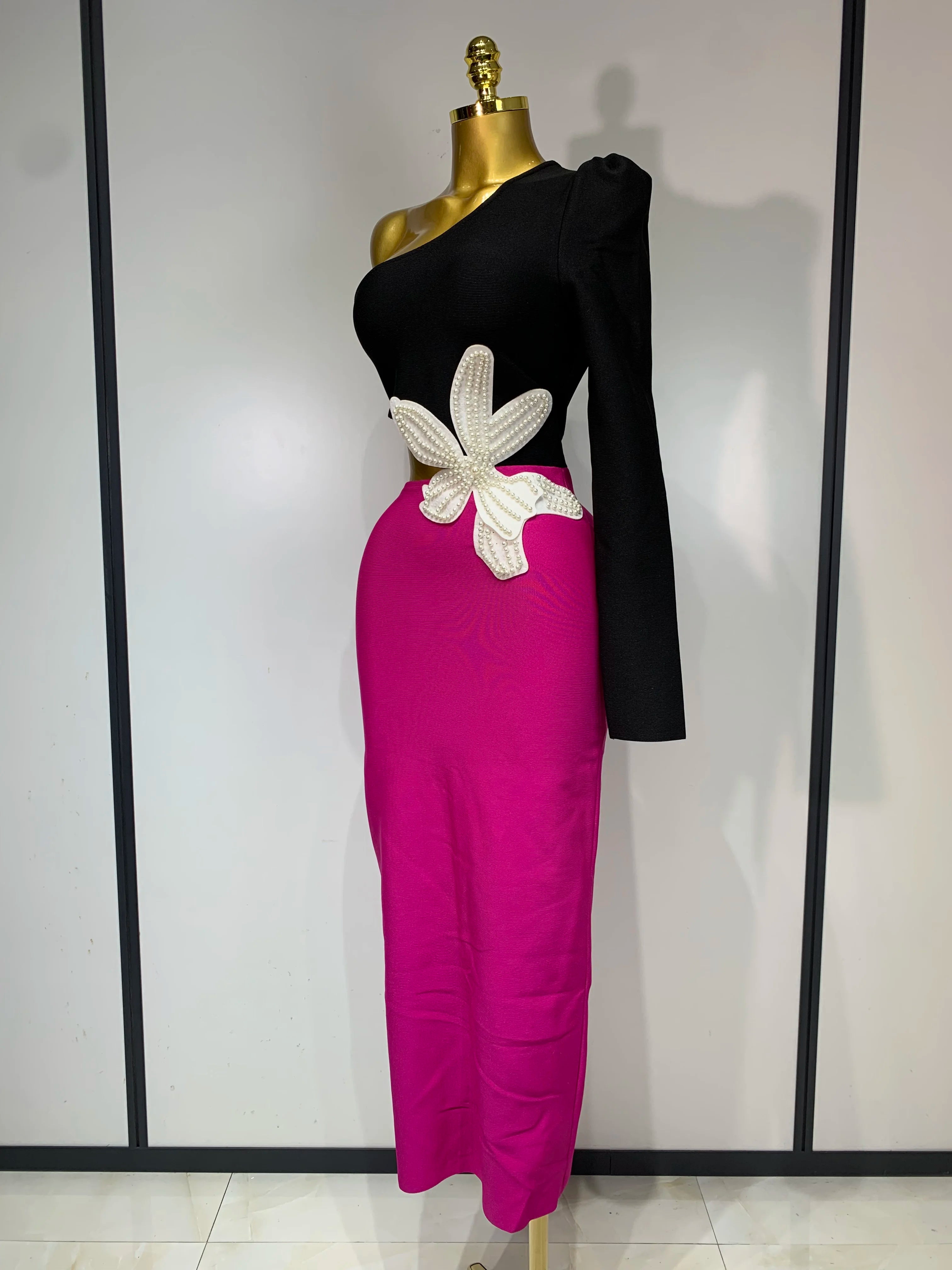 Women Sexy Single shoulder long sleeved Beading Bodycon Bandage Dress 2025 Celebrity Elegant Evening Luxury Dress Club Outfit