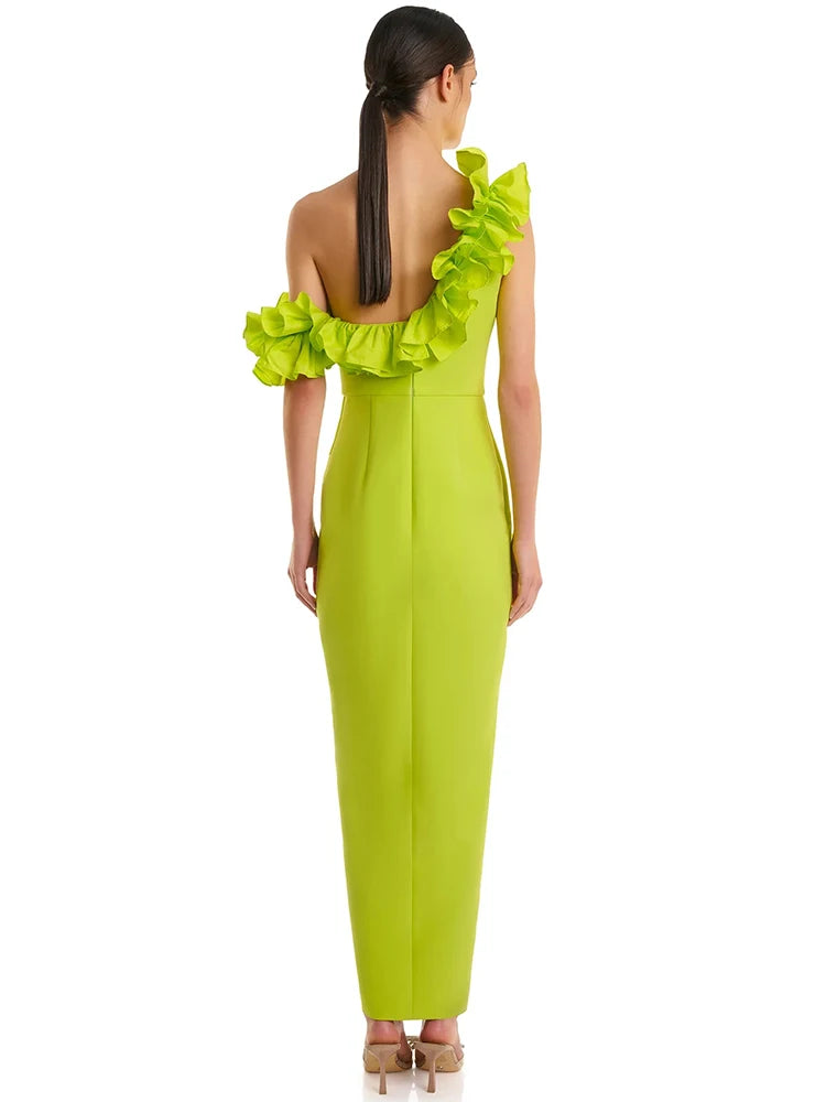 Women Sexy One Shoulder Ruffles Neon Green Split Maxi Long Bandage Maxi Dress Elegant Evening Club Party Cocktail Outfits