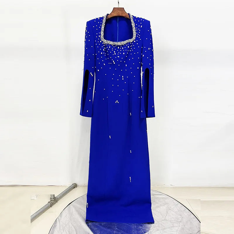 Solid Slimming Spliced Bead Luxurious Dresses for Women Square Neck Long Sleeves Patchwork Split Dress Femlae New BLUE