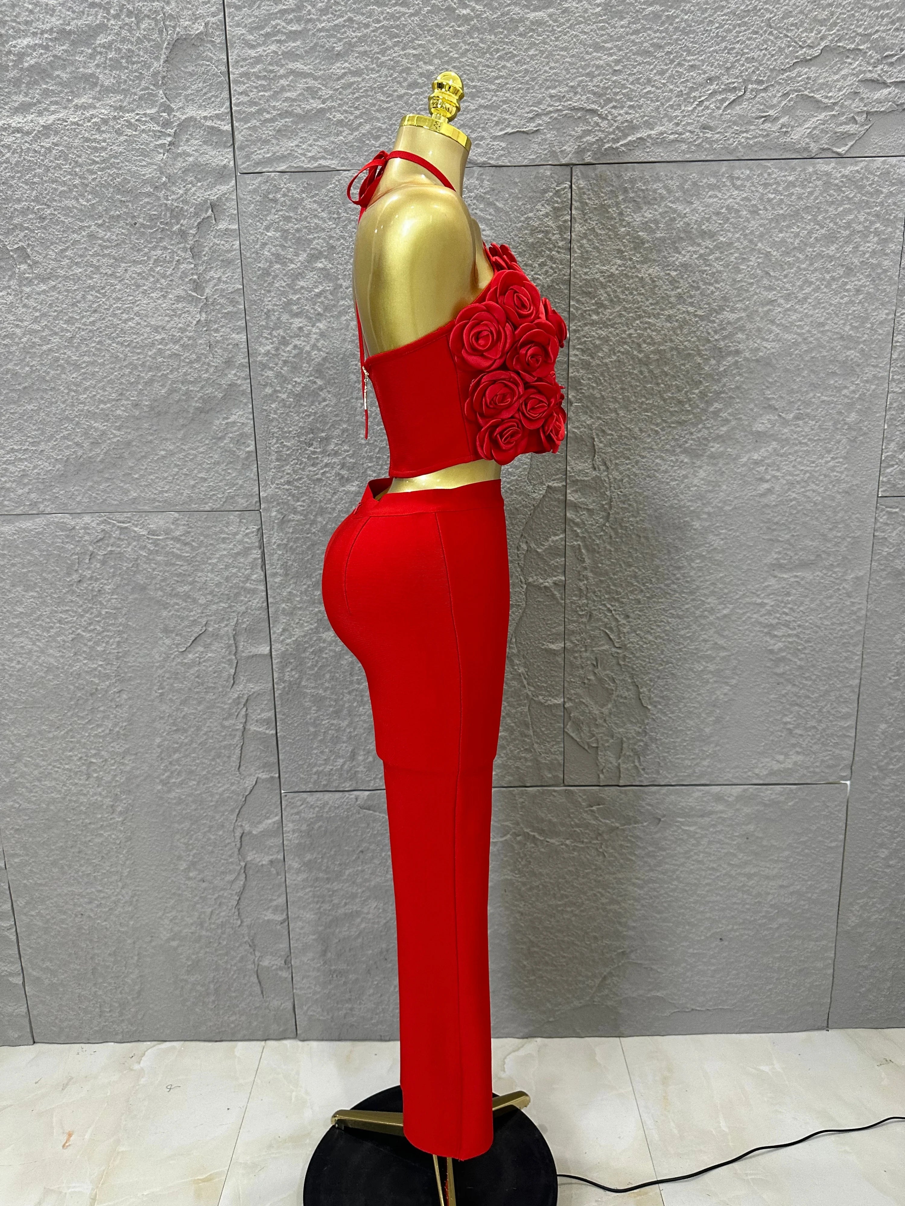 Elegant Two Piece Set Women Halter 3D Flower Crop Top High Waist Flare Pants Bandage Suit Party Casual Formal Wear