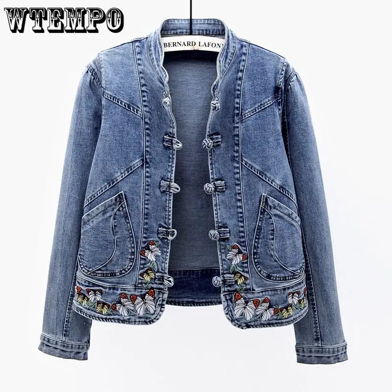 Short Denim Jacket Vintage Chinoiserie Embroidered Stretch Jacket Women's Spring and Autumn All Match Fashion Harajuku Slim Tops