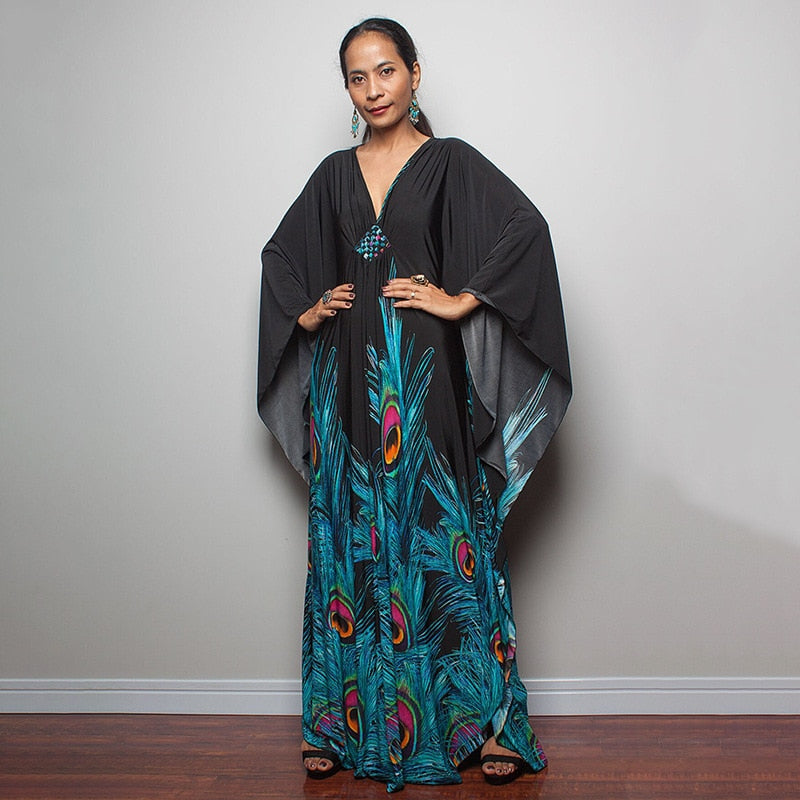 Kaftans - Kimono Printed Bohemian Beach Dresses Maxi Robe Bathing Suits Seaside Holiday Beachwear Style-12 One Size