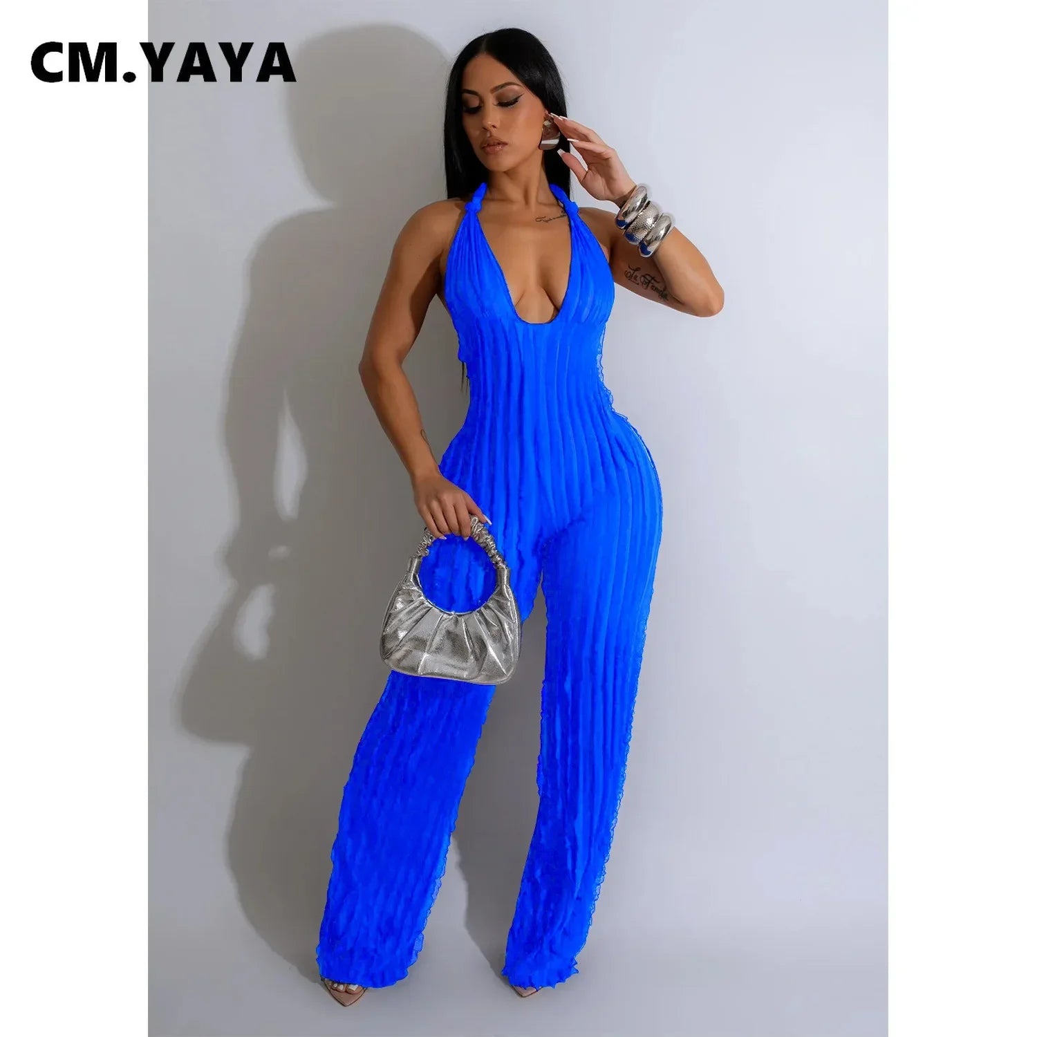 CM.YAYA Fashion Ruffles Women Halter Deep V-neck Backless Wide Leg Jumpsuit 2023 Sleeveless Chic Playsuit One Piece Suit Romper