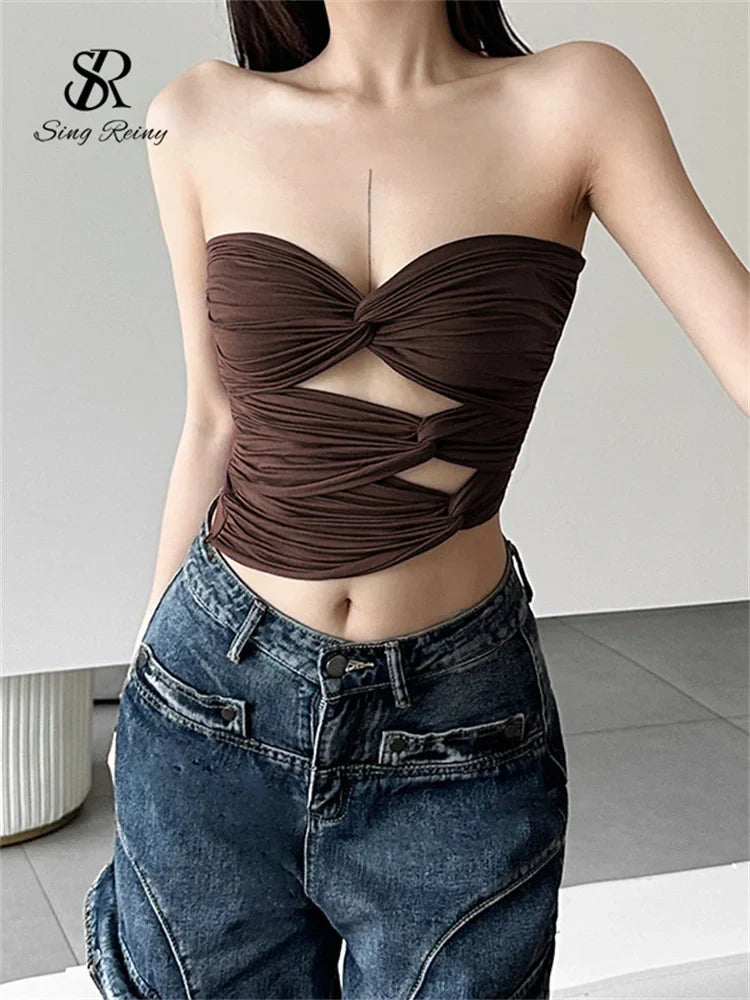 SINGREINY Sensual Strapless Solid Skinny Tank Tops Fashion Cross Short Slim Camisole Female Streetwear Irregular Sexy Tank Tops brown