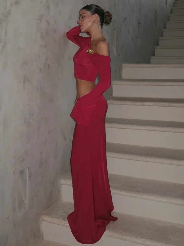 Chic One-Shoulder Crop Top and Maxi Skirt Ensemble with Floral Accents for a Special Occasion Evening Gown