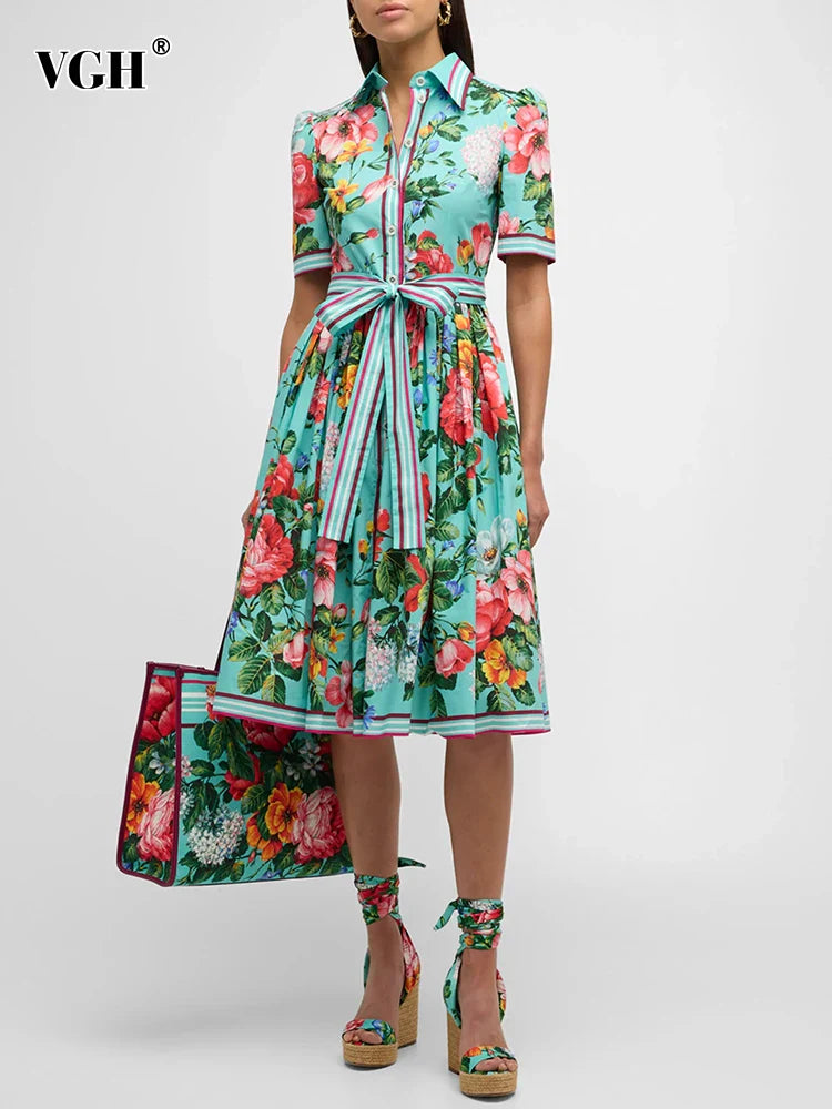 VGH Patchwork Lace Up Floral Printing Casual Dresses For Women Lape Short Sleeve High Waist Spliced Button Dress Female Fashion