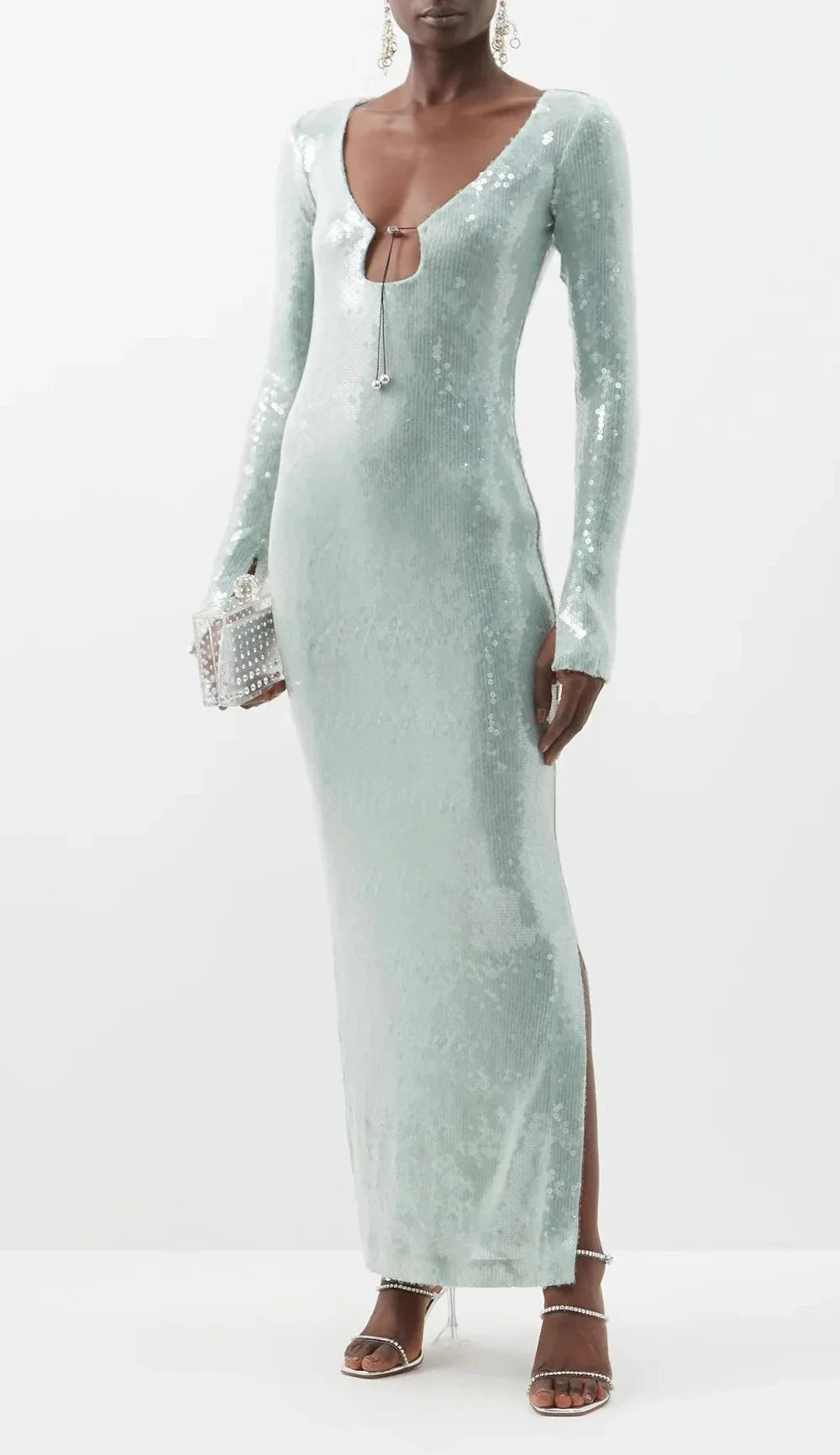 STOCK New Autumn Sparkling Sequins Sexy V-Neck Hollow Out Aklen Length Dress Fashion Woman Evening Party Outfit