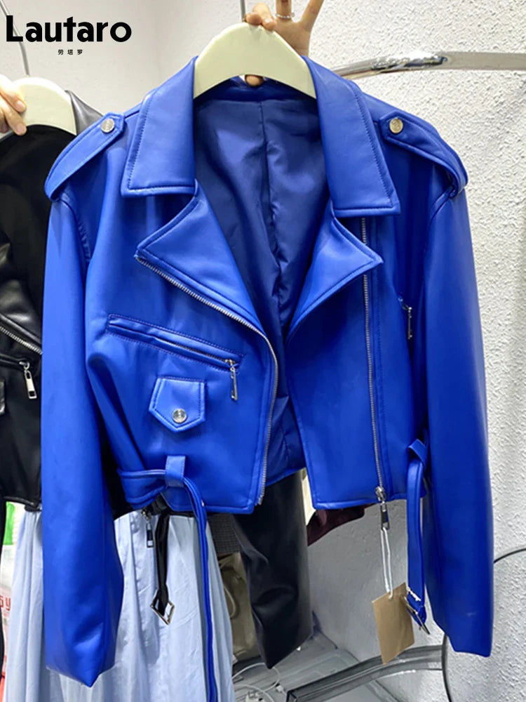 Spring Autumn Short Blue Soft Pu Leather Biker Jacket Women Zipper Long Sleeve Belt Cool Luxury Designer Clothes 2022