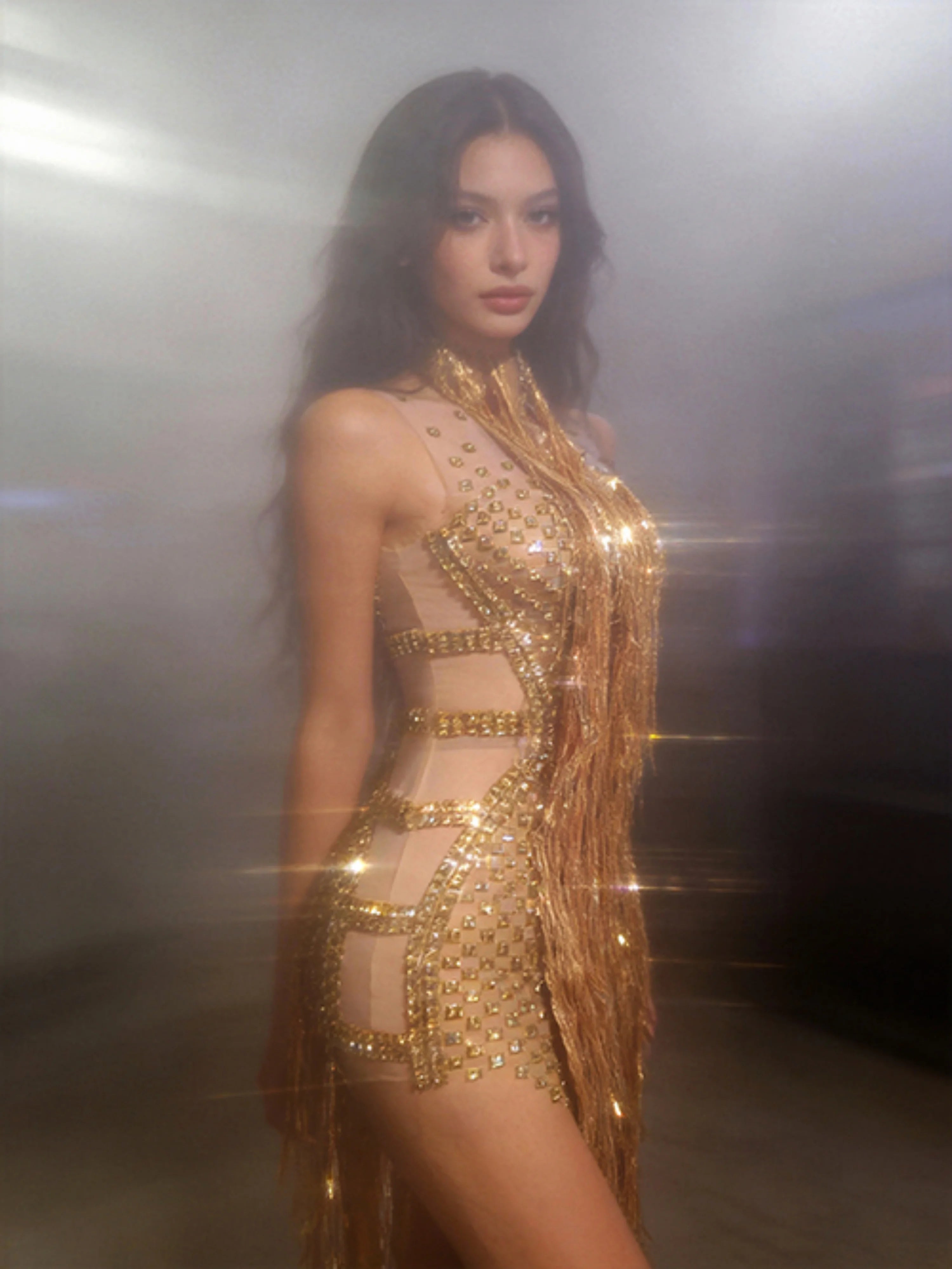 Opulent Gold Halter Neck Mini Dress Women Sexy Crystal Embellished Fringe Trim Form-Fitting Outfit Formal Event Party Costume