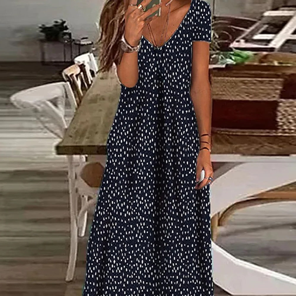 Summer Boho Floral Polka Dot V Neck Long Maxi Dress Elegant Ladies Holiday Beach Loose Retro Sundress