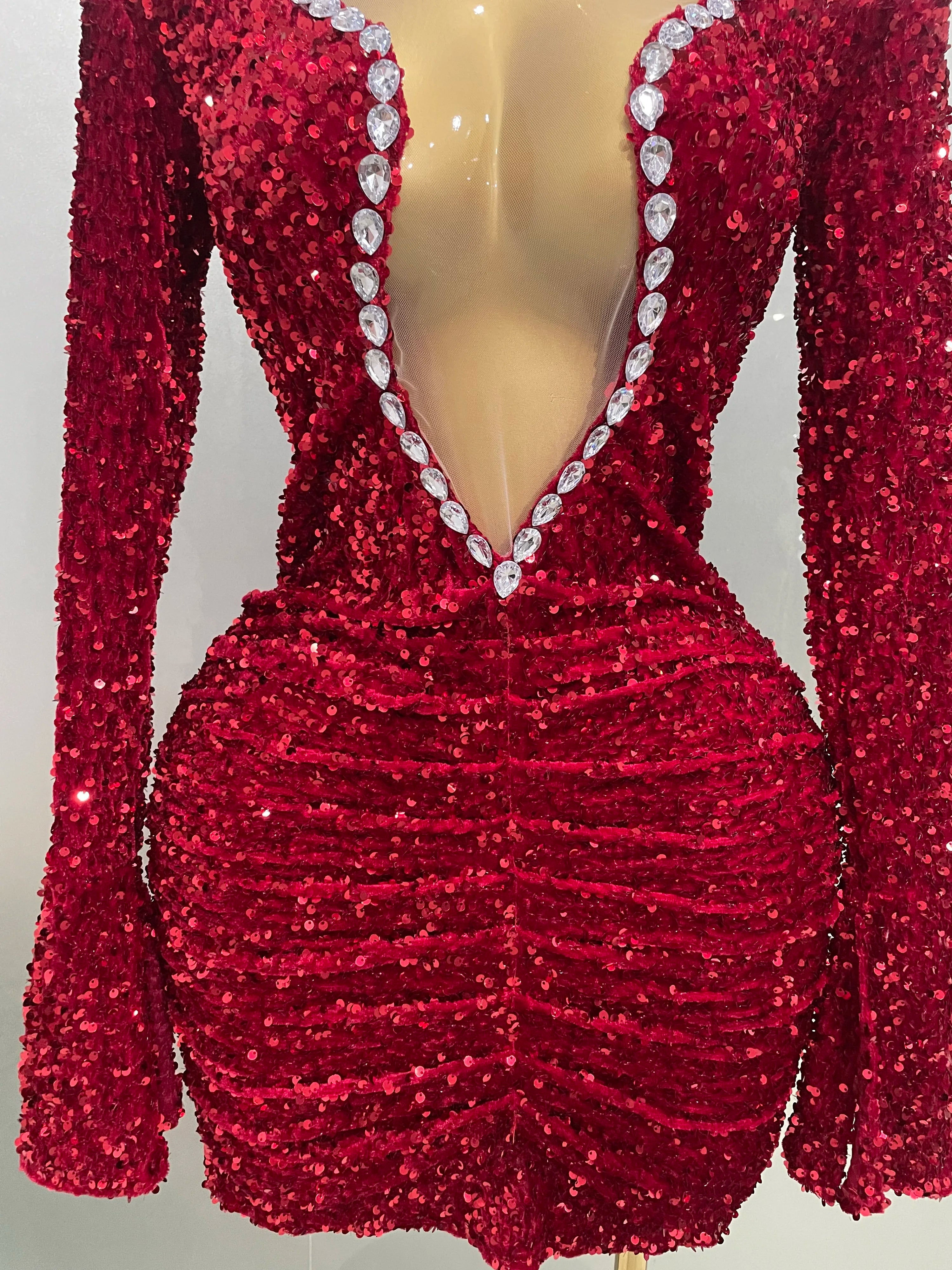 Sexy Shiny Red Sequins Rhinestones Sheath Mini Dress 2025 New Women Evening Birthday Party Nightclub Stage Performance Costume