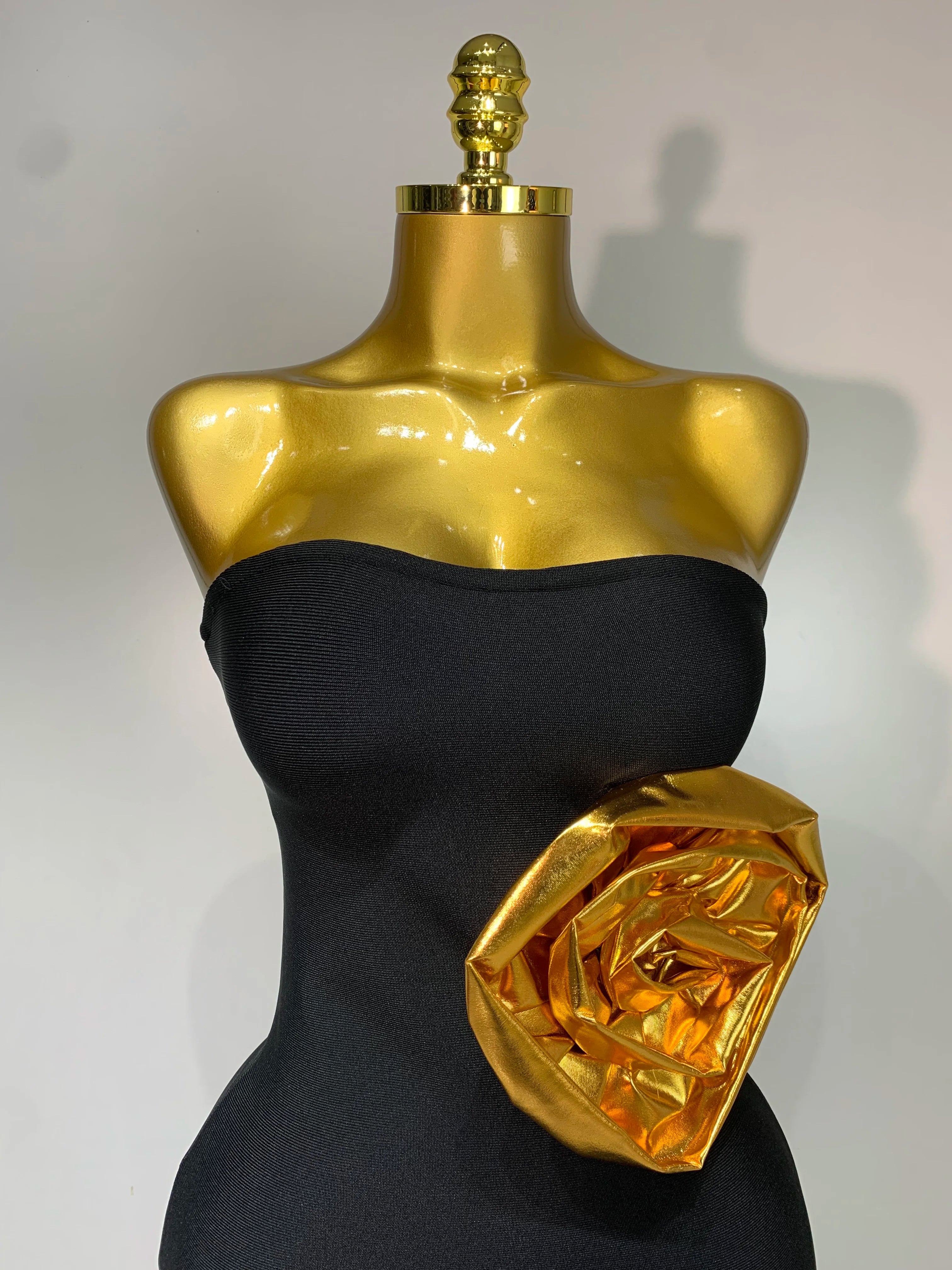 Women Luxury Bandage Bodycon Dress Designer Strapless Gold Appliques Ankle Length Elastic Celebrity Elegant Evening Party Gowns