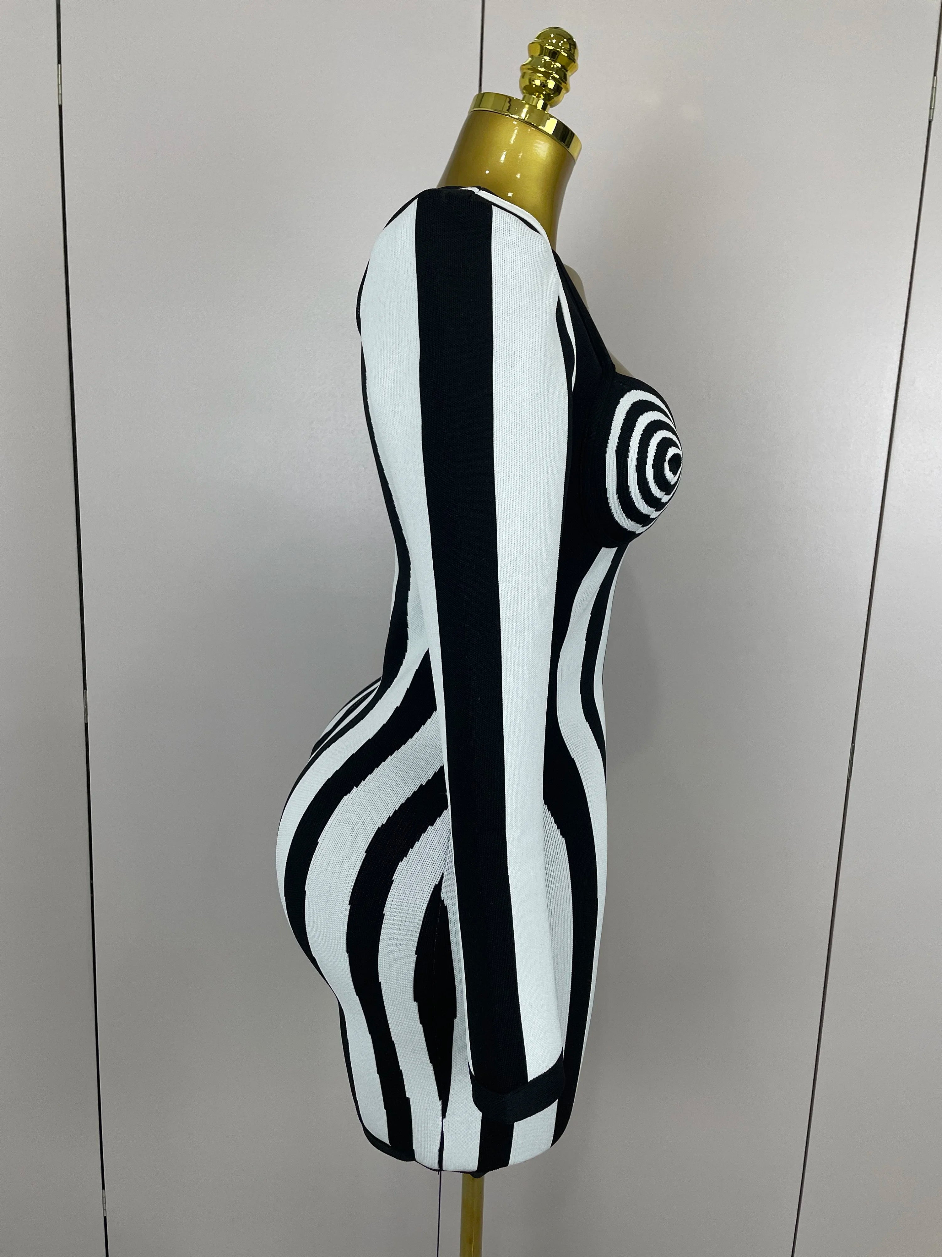 2025 Luxury Sexy Long Sleeve Stripe Black White Mini Bandage Dress Women Knitted Celebrity Elegant Evening Club Birthday Dresses